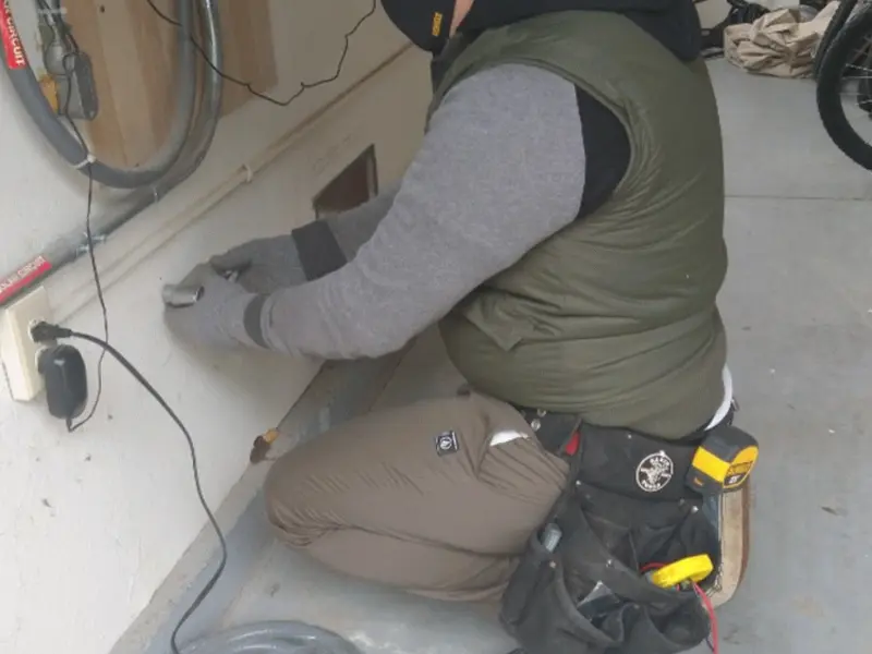 Electrician performing outlet wiring in a Brownville garage